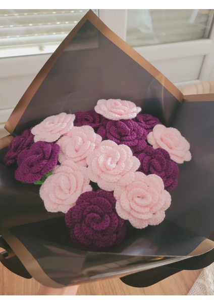 Örgü Çiçek Buketi, Toz Pembe-Mor Karışık Gül Buketi, Anneler Günü, Sevgililer Günü, Özel Günler Hediye Yapay Çiçek, Gıftandflowers modelleri