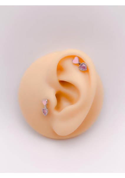 Cerrrahi Çelik Piercing ( Pirsing ) Pembe Mineli Kalpli Ok Tragus Helix Piercing (1ADET)