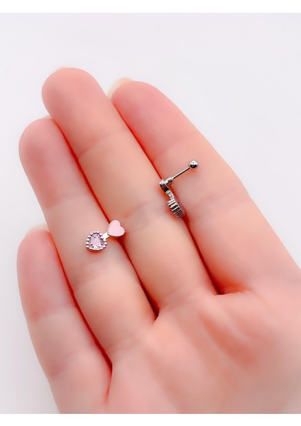 Cerrrahi Çelik Piercing ( Pirsing ) Pembe Mineli Kalpli Ok Tragus Helix Piercing (1ADET)