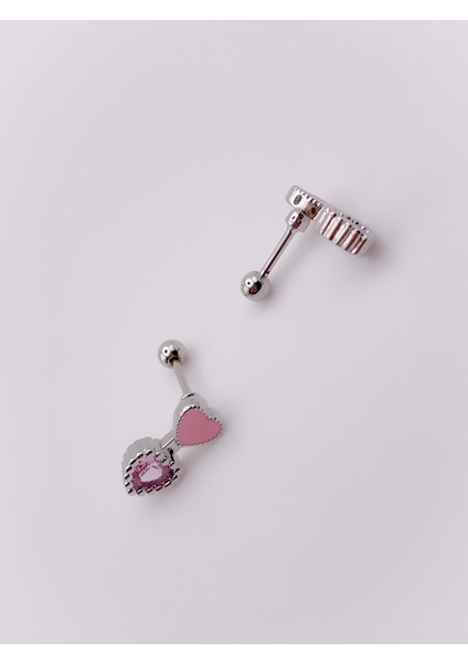 Cerrrahi Çelik Piercing ( Pirsing ) Pembe Mineli Kalpli Ok Tragus Helix Piercing (1ADET)