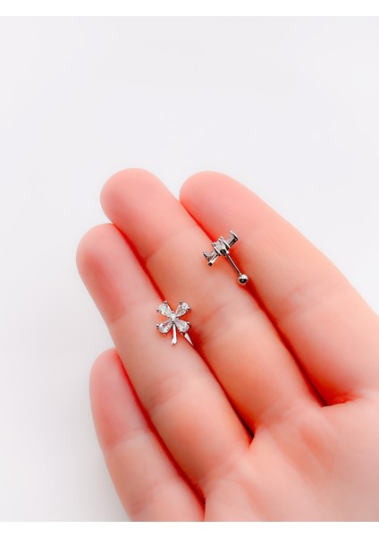 Cerrrahi Çelik Piercing ( Pirsing ) Badem Taşlı Çiçek Tragus Helix Piercing (1ADET)