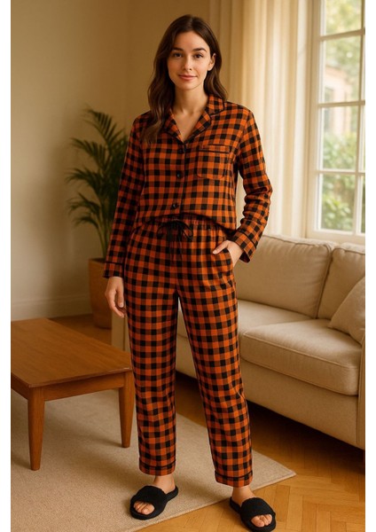 Pamuklu Viskon Taba Uzun Kollu Biyeli Lastikli Kare Desenli Kadın Alt-Üst Pijama Takımı