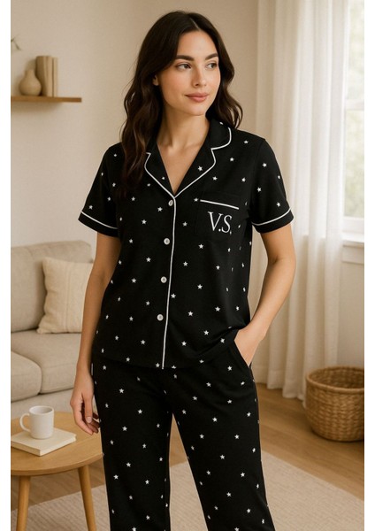 Kadın Siyah Yıldız Baskılı Pamuklu Viskon Pijama Takımı Kısa Kol Üst Uzun Pijama Alt Rahat Homewear