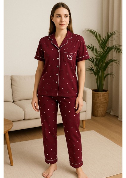 Kadın Siyah Yıldız Baskılı Pamuklu Viskon Pijama Takımı Kısa Kol Üst Uzun Pijama Alt Rahat Homewear
