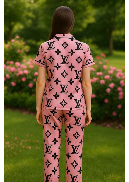 Kadın Pembe Kısa Kollu Pijama Takım Pamuklu Viskon Baskılı Düğmeli Biye Detaylı
