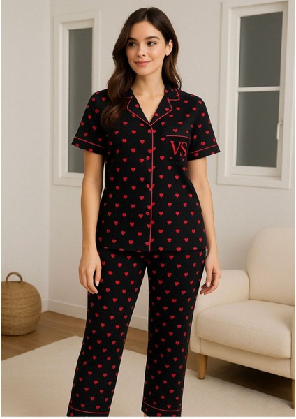 Kadın Siyah Kalpli Pamuklu Viskon Pijama Takımı Kısa Kollu Üst Uzun Pijama Alt Rahat Homewear