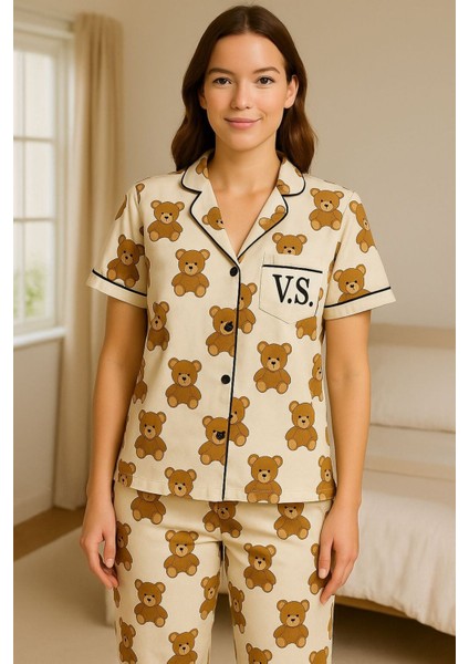 Pamuklu Viskon Kadın Siyah Ayıcıklı Pijama Takımı Kısa Kollu Üst Uzun Pijama Alt Rahat Homewear