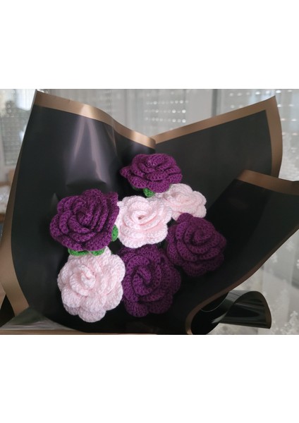 Örgü Çiçek Buketi, Pudra Pembe-Mor Karışık Gül Buketi, Gıftandflowers fiyatları