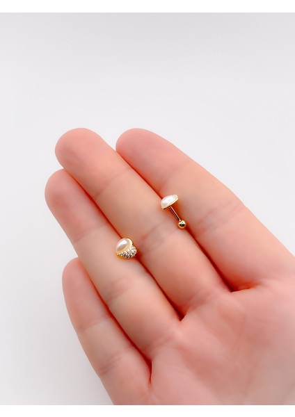 Cerrrahi Çelik Piercing ( Pirsing ) Incili Kalp Tragus Helix Piercing (1ADET)