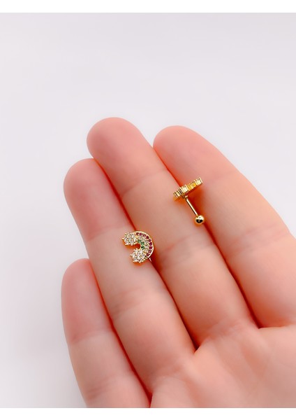 Cerrrahi Çelik Piercing ( Pirsing ) Full Taşlı Gökkuşağı Tragus Helix Piercing (1ADET)