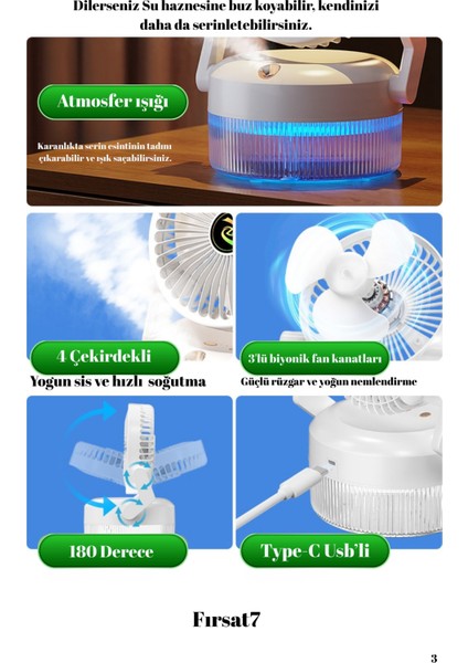 USB Şarjlı 800 ml Fan Katlanabilir Hava Nemlendiricili Ledli 3 Kademeli Sessiz Masaüstü Spreyli Fan modelleri