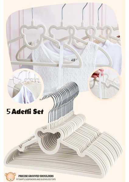 Ayıcık Kadife Bebek Çocuk Askısı Kaydırmaz Askı 5 Adetli Set Dönen Kancalı DE231
