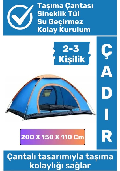 Premium Su Geçirmez Kapı Sineklik Tül Dayanıklı Kolay Kurulum 2-3 Kişilik Çantalı Kamp Deprem Çadırı
