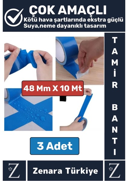 Ultra Güçlü Suya Neme Dayanıklı Çok Amaçlı Onarım Tamir Izolasyon Bantı Mavi 48 MMX10 mt 3 Adet