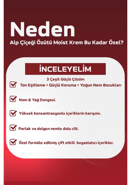 Leke Karşıtı,yoğun Nem Boncuklu Alp Çiçeği Özütü Yeni Nesil Kore Moist Krem 50ML