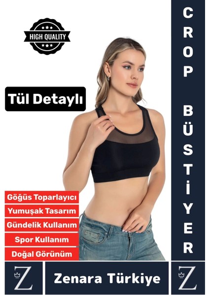 Yüksek Kalite Göğüs Toparlayıcı Sarkma Önleyen Spor Gündelik Kullanım Tül Detaylı Şık Crop Büstiyer