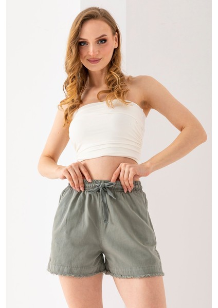 Kadın Beli Lastikli Cepli Pis Paça Kısa Şort Haki - 25YP 5322 modelleri