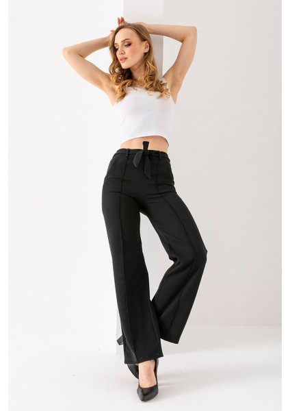 Kadın Beli Lastikli Kuşaklı Bol Paça Pantolon Siyah - 241108 modelleri