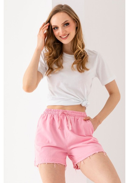 Kadın Beli Lastikli Cepli Pis Paça Kısa Şort Pembe - 25YP 5322