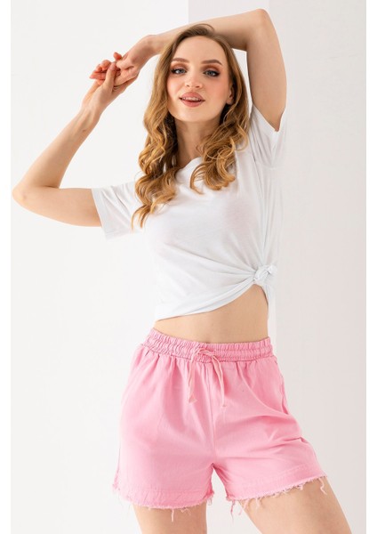 Kadın Beli Lastikli Cepli Pis Paça Kısa Şort Pembe - 25YP 5322 fiyatları