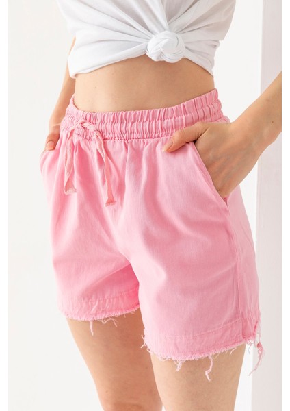 Kadın Beli Lastikli Cepli Pis Paça Kısa Şort Pembe - 25YP 5322 modelleri
