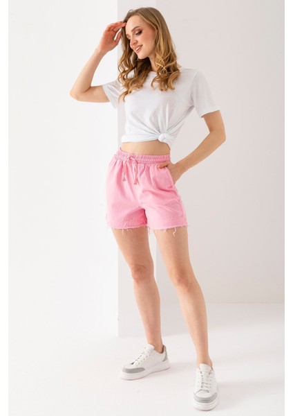 Kadın Beli Lastikli Cepli Pis Paça Kısa Şort Pembe - 25YP 5322 fırsatları