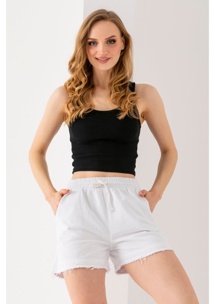 Kadın Beli Lastikli Cepli Pis Paça Kısa Şort Beyaz - 25YP 5322 fiyatları
