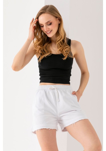 Kadın Beli Lastikli Cepli Pis Paça Kısa Şort Beyaz - 25YP 5322 indirimleri