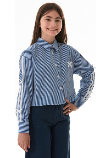 Çizgili Fiyonk Detaylı Cepli Kız Çocuk Gömlek