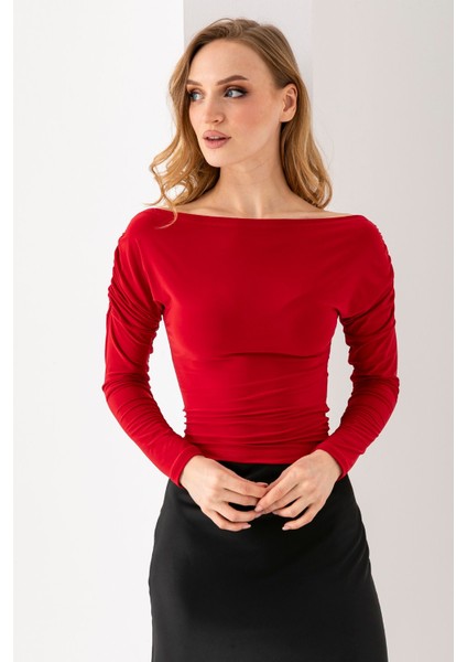 Kadın Kayık Yaka Omzu Büzgü Detaylı Uzun Kollu Bluz Bordo - 2433 fiyatları