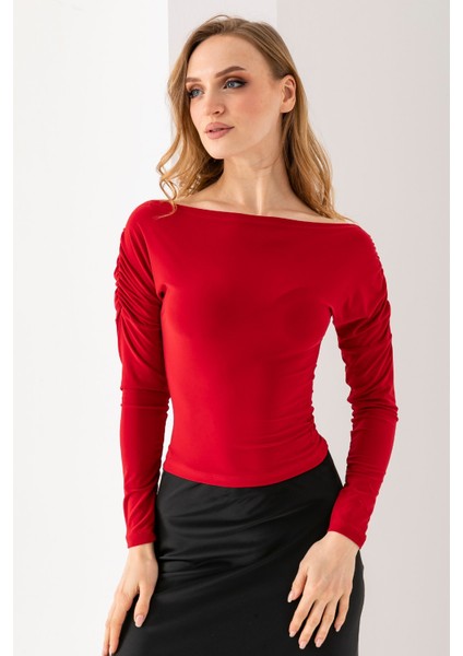 Kadın Kayık Yaka Omzu Büzgü Detaylı Uzun Kollu Bluz Bordo - 2433 modelleri
