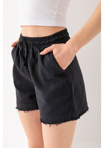 Kadın Beli Lastikli Cepli Pis Paça Kısa Şort Siyah - 25YP 5322 modelleri