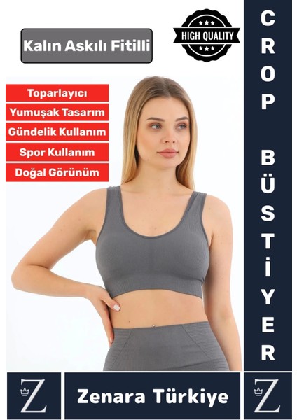 Özel Model Göğüs Toparlayan Sarkma Önleyen Gündelik Spor Kullanım Kalın Askılı Fitilli Crop Büstiyer