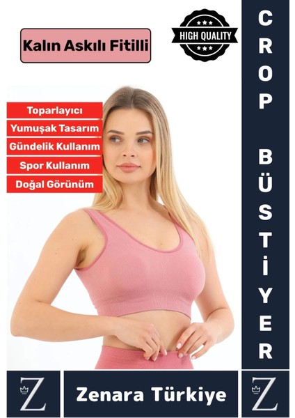 Özel Model Göğüs Toparlayan Sarkma Önleyen Gündelik Spor Kullanım Kalın Askılı Fitilli Crop Büstiyer