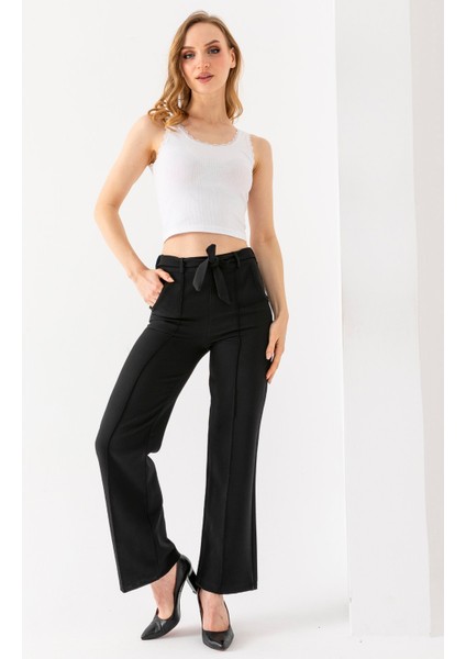 Kadın Beli Lastikli Kuşaklı Bol Paça Pantolon Siyah - 241108 fırsatları