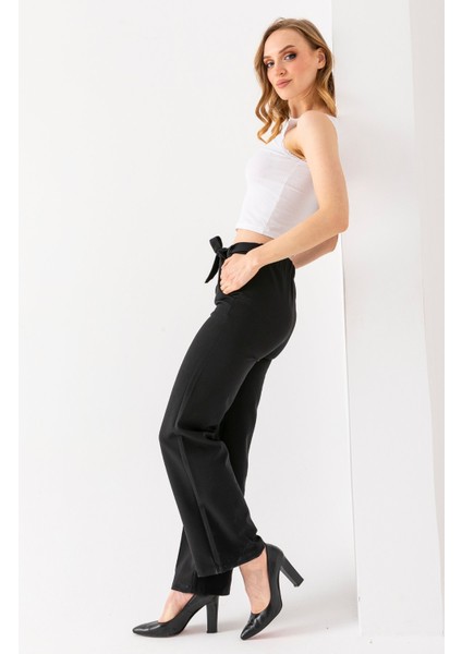 Kadın Beli Lastikli Kuşaklı Bol Paça Pantolon Siyah - 241108 indirimleri