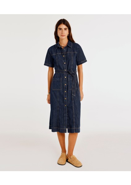 Kemerli Kısa Kollu Midi Boy Denim Elbise