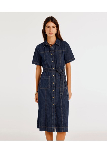 Kemerli Kısa Kollu Midi Boy Denim Elbise fiyatları