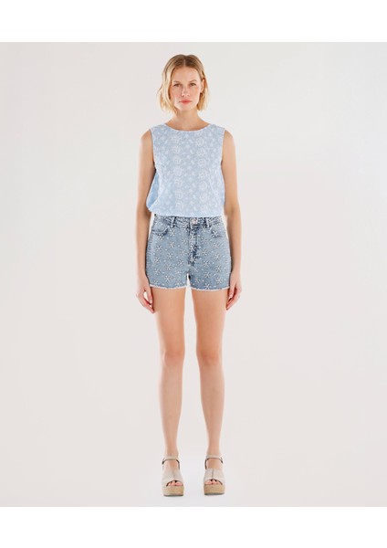 Nakış Detaylı Denim Şort