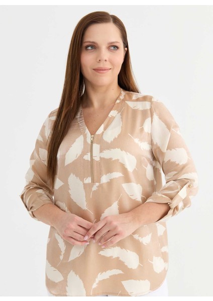 V Yaka Emprime Bej Kadın Bluz 25YSL8131 fiyatları