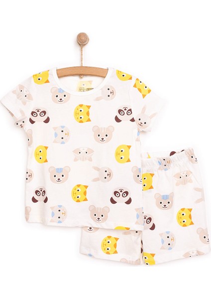 Erkek Bebek Pijama Takımı Hayvan Desenli Bisiklet Yaka Reçme Paça Kısa Kol Beyaz 6 Ay