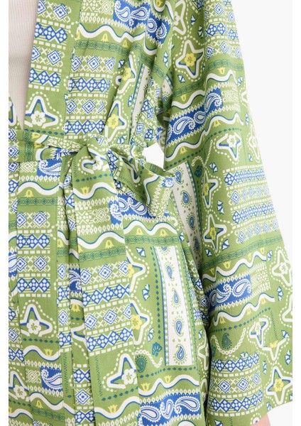 Relax Fit Bisiklet Yaka Desenli Viskon Kimono E7262AX25SM