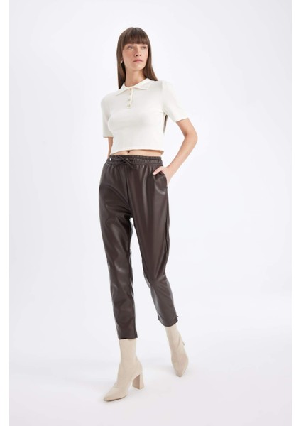 Jogger Yüksek Bel Cepli Suni Deri Pantolon X8320AZ24WN