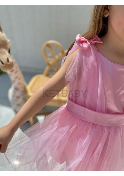 Kız Çocuk Askılı Fiyon Detaylı Kuşaklı Kısa Kol Elbise Ketbaby HPN008