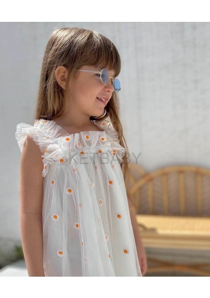Kız Çocuk Papatya Nakışlı Askılı Elbise Ket Baby HPN001