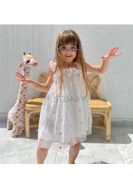 Kız Çocuk Papatya Nakışlı Askılı Elbise Ket Baby HPN001 modelleri