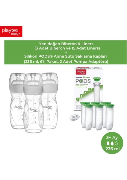 Baby™ Yenidoğan Biberon & Liners® Seti , Anti-Kolik, Orta AKIŞ,236ML 3+Ay (1 Adet Biberon + 5 Adet Liners) ve Silikon Pods® Anne Sütü Saklama Kapları (236ML, 6'lı Paket, 2 Adet Pompa Adaptörü)