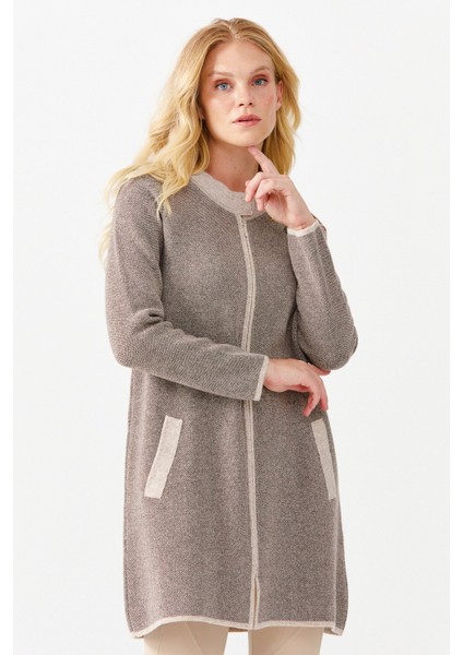 Kadın Dik Yaka Omuzu Nakış Işlemeli Uzun Hırka Bej modelleri