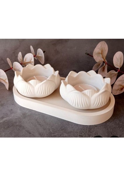 Luxury 3 Lü Set Lotus Mumluk ve Oval Sunum Tabagı Dekoratif Obje Süs Eşyası Biblo Hediyelik 1 Adet