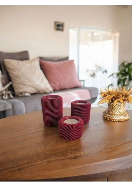 Luxury 3'lü Kırmızı Dekoratif Mumluk Set- Tv Ünitesi, Konsol, Vitrin, Masa Üzeri 1 Adet